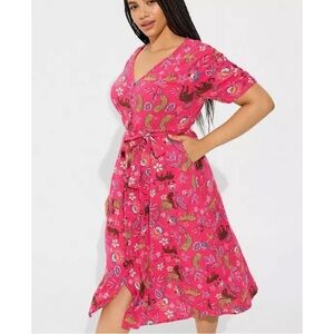 Torrid Pink Multicolor Floral Leopard Print Slub Button Front Tie Midi Dress